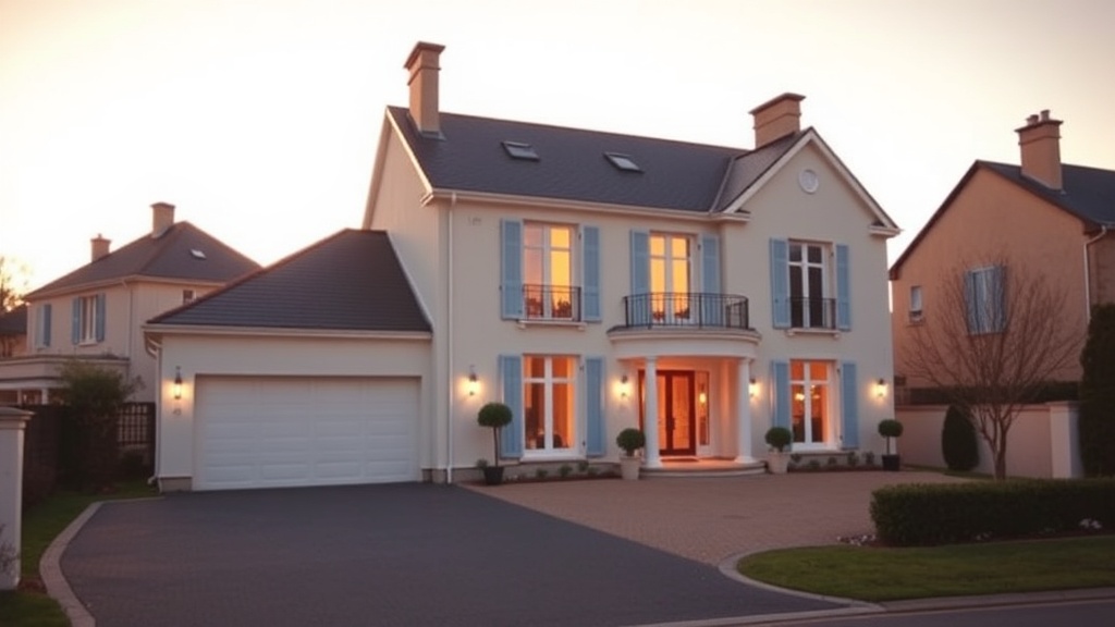 Façade élégante de maison familiale avec allée, lumière du soir