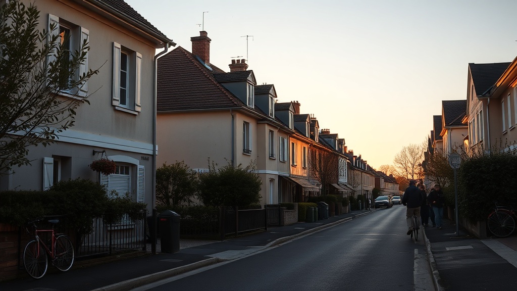 Rue résidentielle calme en Seine-et-Marne à l'heure dorée